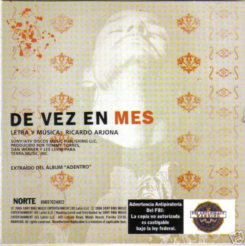 CD Promo del tema DE VEZ EN MES de Ricardo Arjona