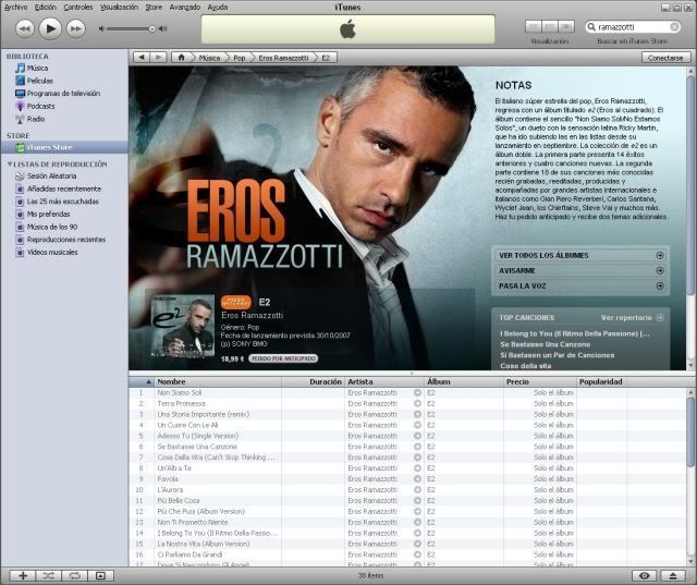 e2 de Eros Ramazzotti a la venta en iTunes