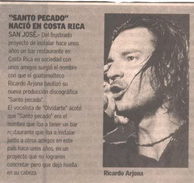 Recorte de periódico costarricense sobre Ricardo Arjona